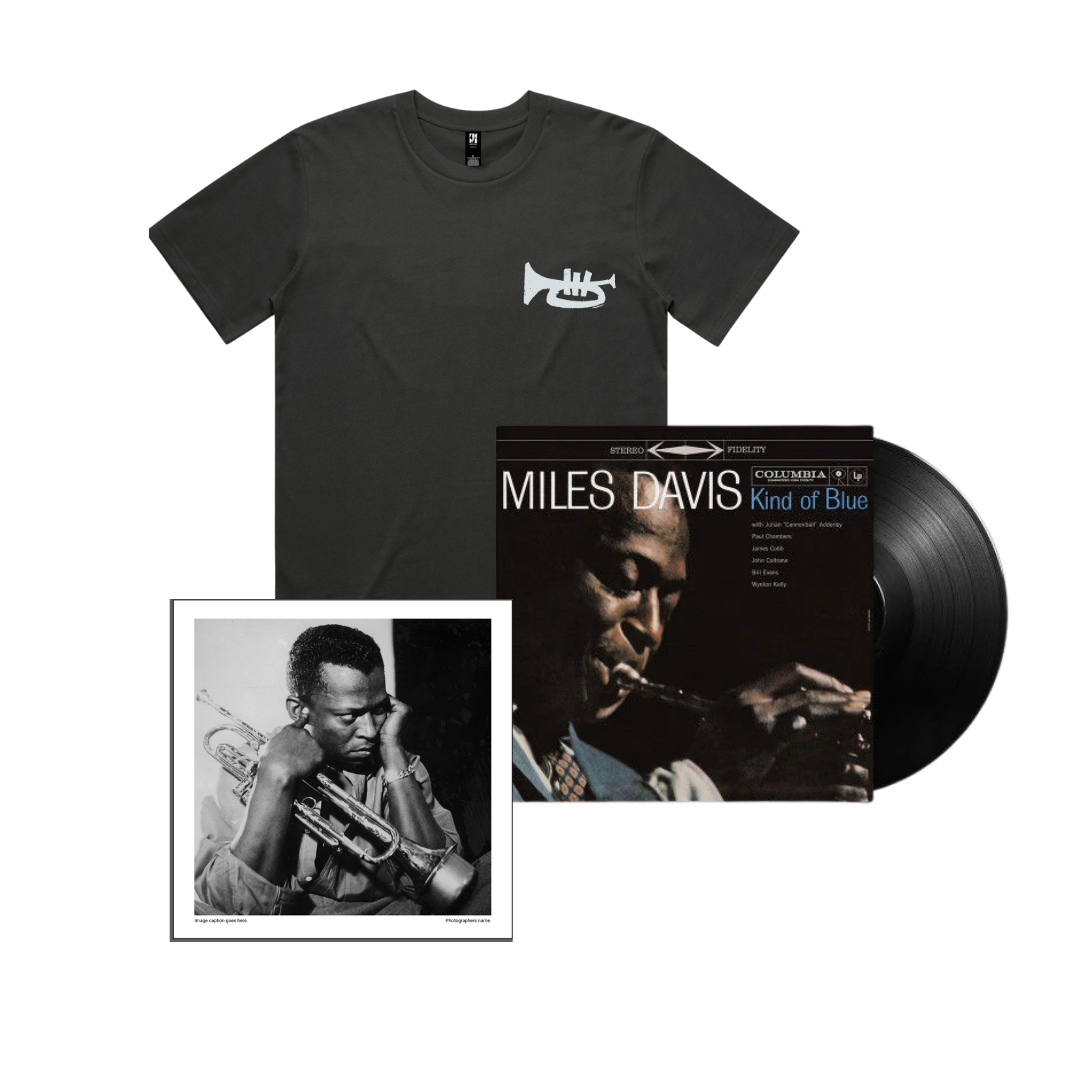 Miles Davis: Kind Of Blue 1LP + Trumpet T-Shirt + Miles Davis 12" x 12" Print